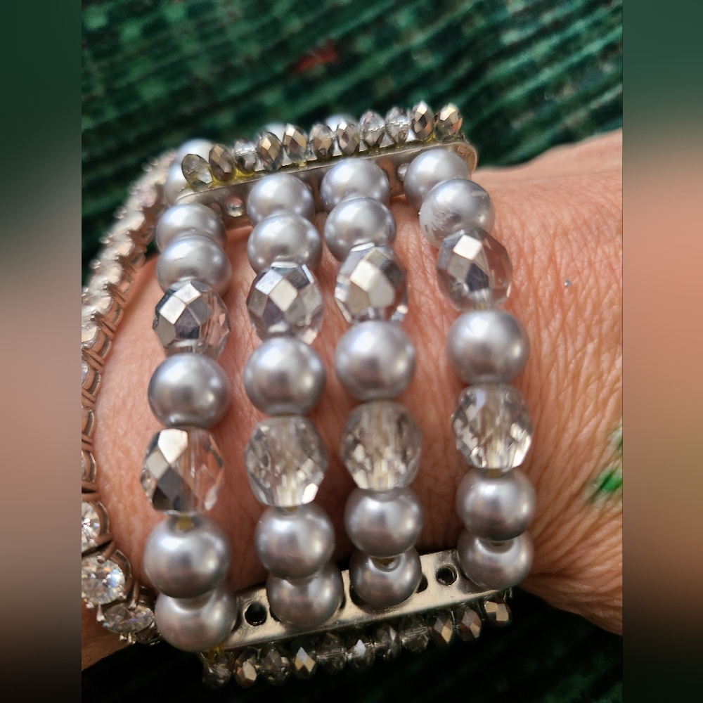 Worn 1X. 4 Row Silver Faux Pearls, Crystal Beads,Stretch Bracelet